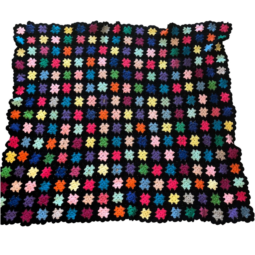 Vintage Handmade Crochet Granny Square Baby Blanket Black Multi Color Star 48x30